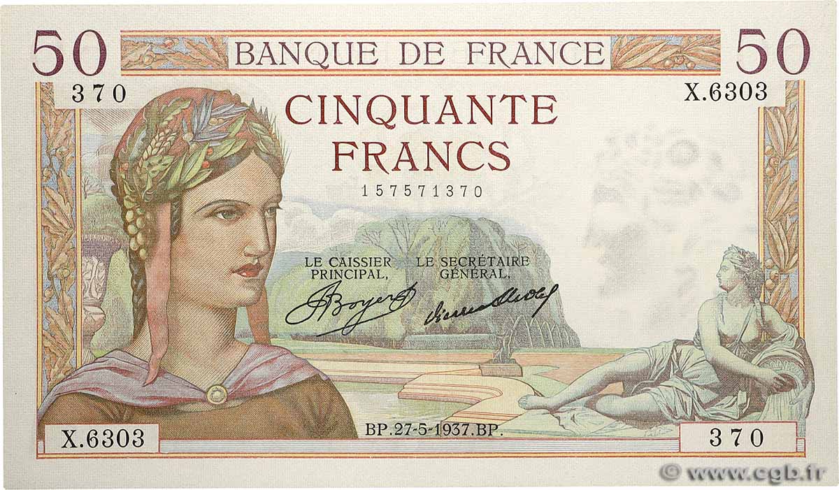 50 Francs CÉRÈS FRANCIA 1937 F.17.39 SPL+