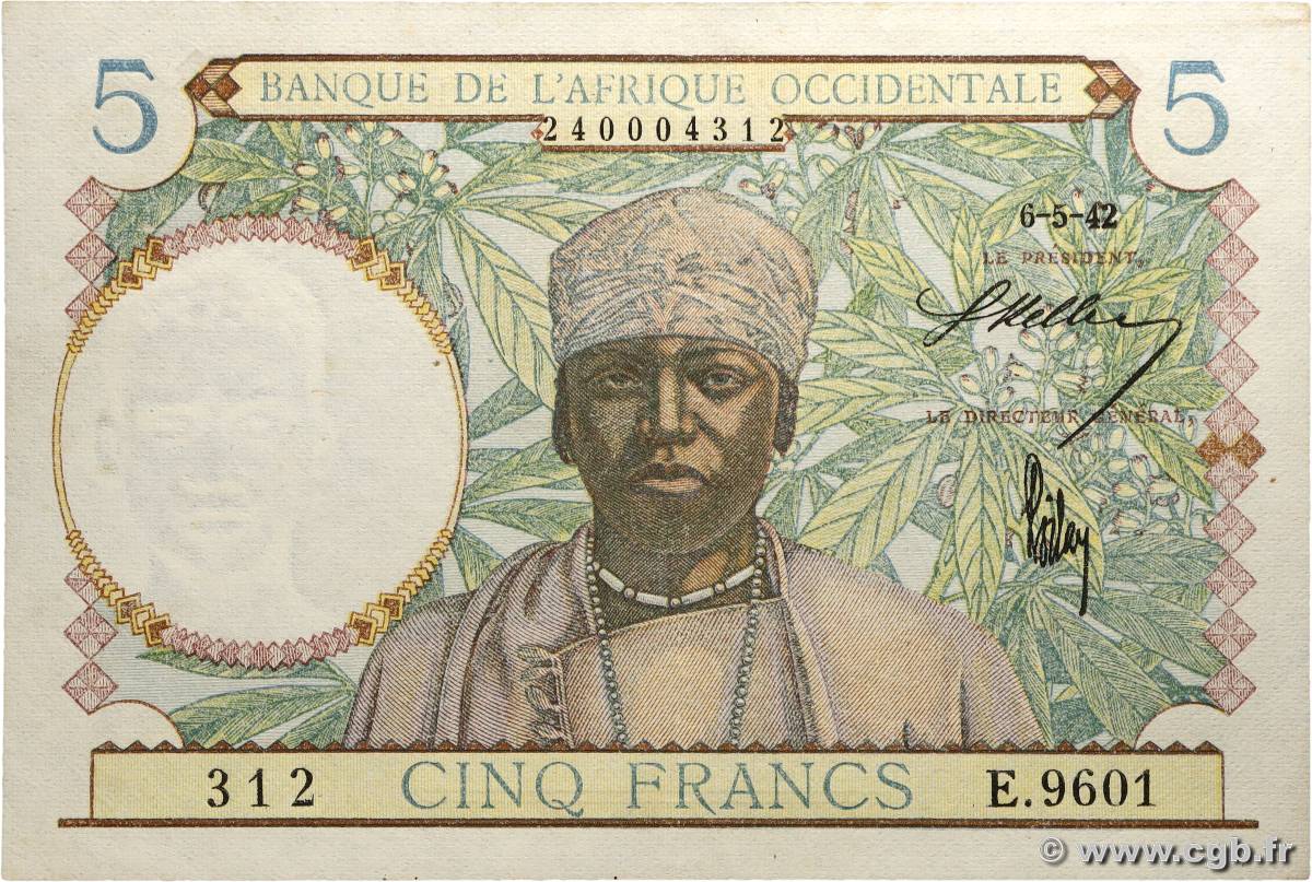 5 Francs FRENCH WEST AFRICA 1942 P.25 EBC