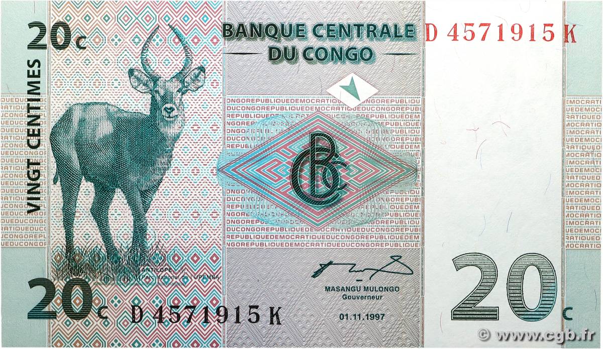 20 Centimes RÉPUBLIQUE DÉMOCRATIQUE DU CONGO 1997 P.083a NEUF