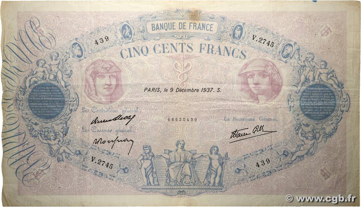 500 Francs BLEU ET ROSE modifié FRANCE 1937 F.31.05 TB