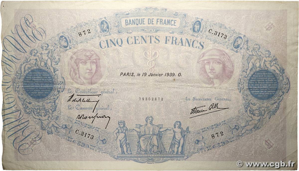 500 Francs BLEU ET ROSE modifié FRANCE 1939 F.31.23 TB+