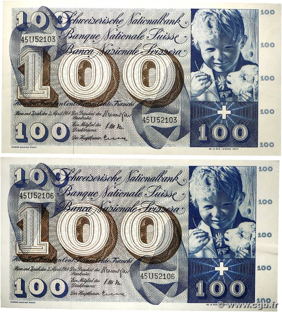 100 Francs Lot SUISSE 1964 P.49f SPL