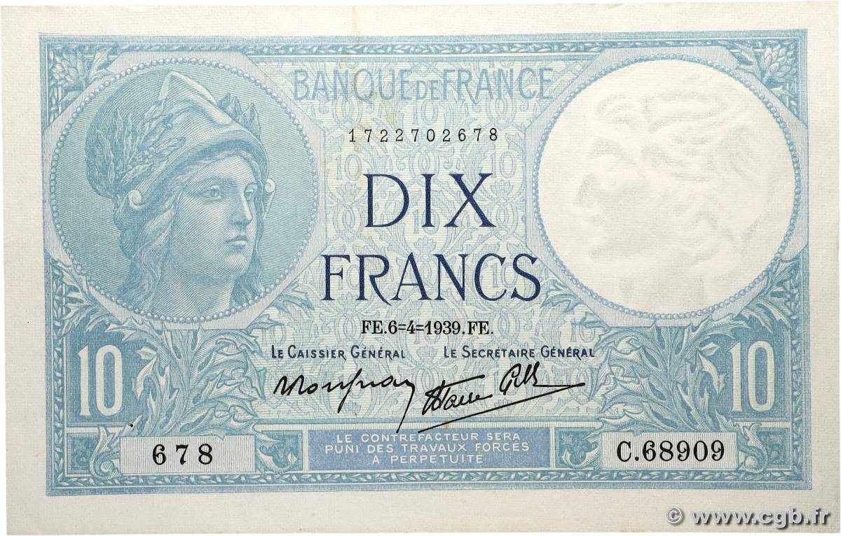 10 Francs MINERVE modifié FRANCE 1939 F.07.02 SUP