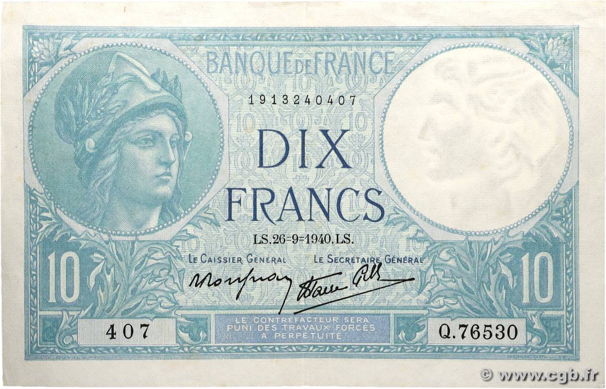 10 Francs MINERVE modifié FRANCE 1940 F.07.15 TTB+