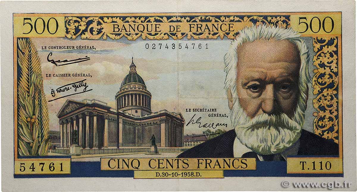 500 Francs VICTOR HUGO FRANCE 1958 F.35.11 VF