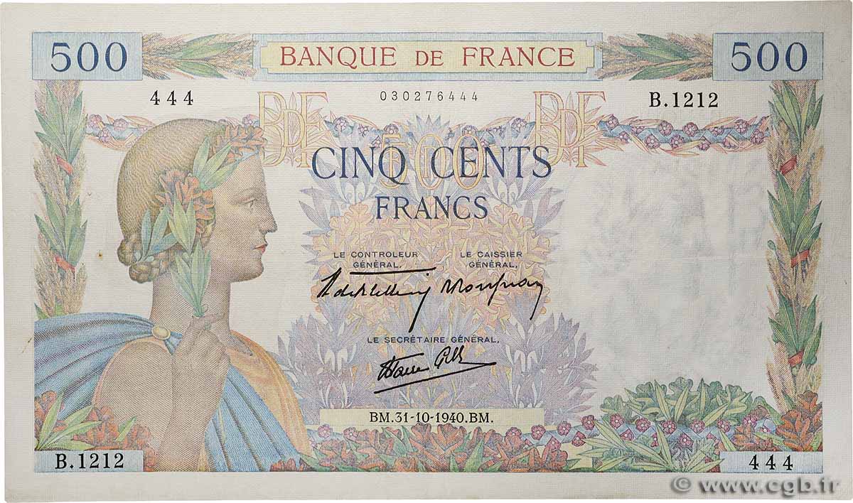 500 Francs LA PAIX FRANCE 1940 F.32.08 VF