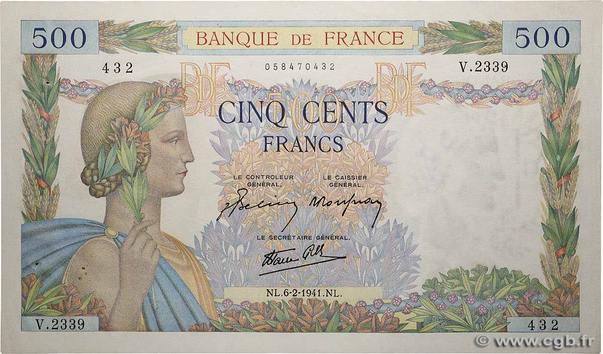 500 Francs LA PAIX FRANCE 1941 F.32.14 AU