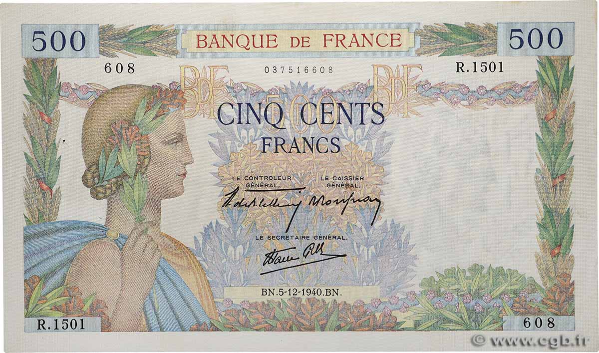 500 Francs LA PAIX FRANCE 1940 F.32.10 VF+