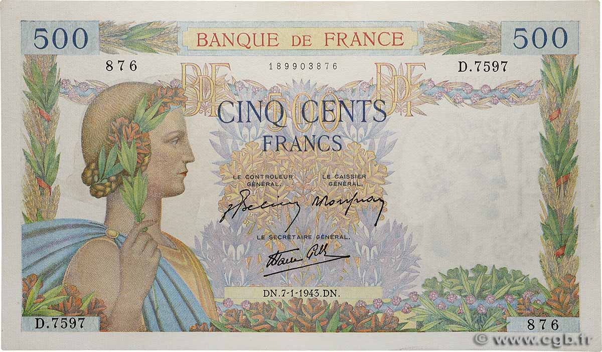500 Francs LA PAIX FRANCE 1943 F.32.44 VF