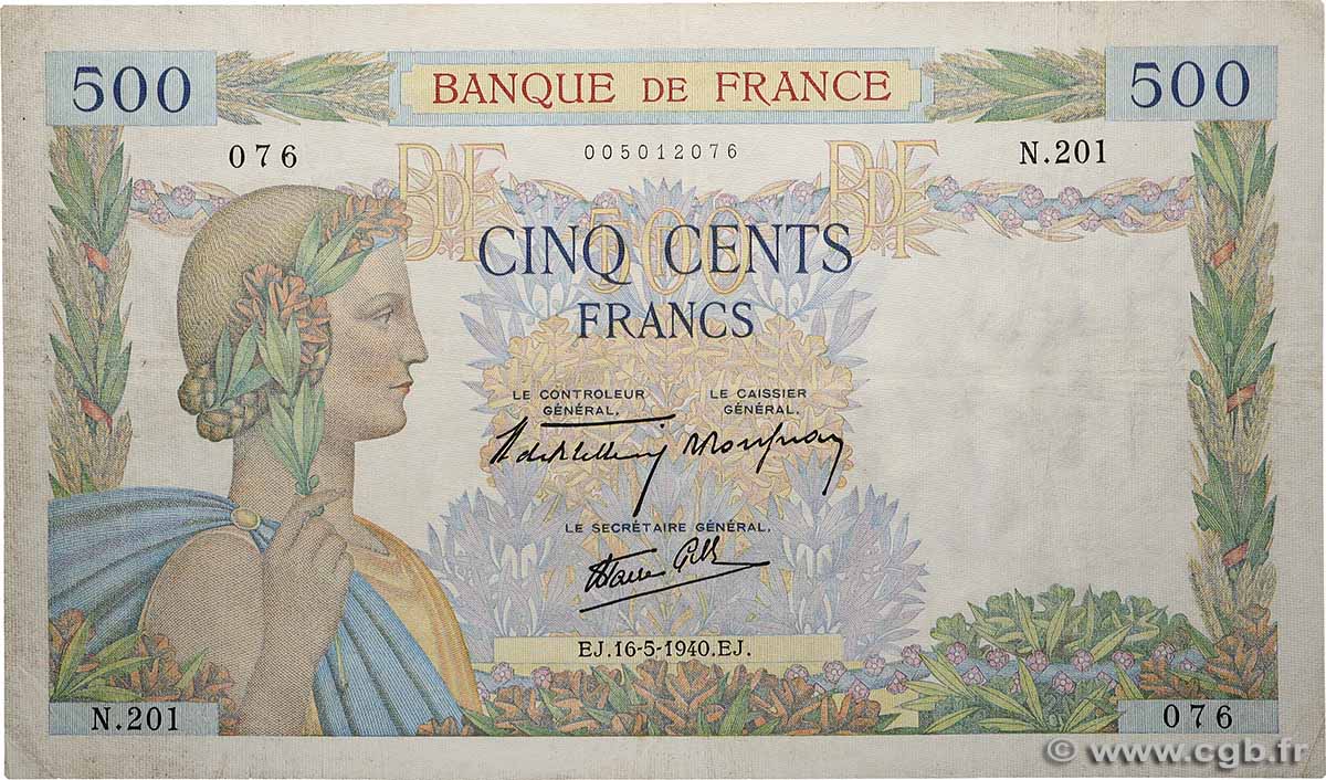 500 Francs LA PAIX FRANCE 1940 F.32.02 VF