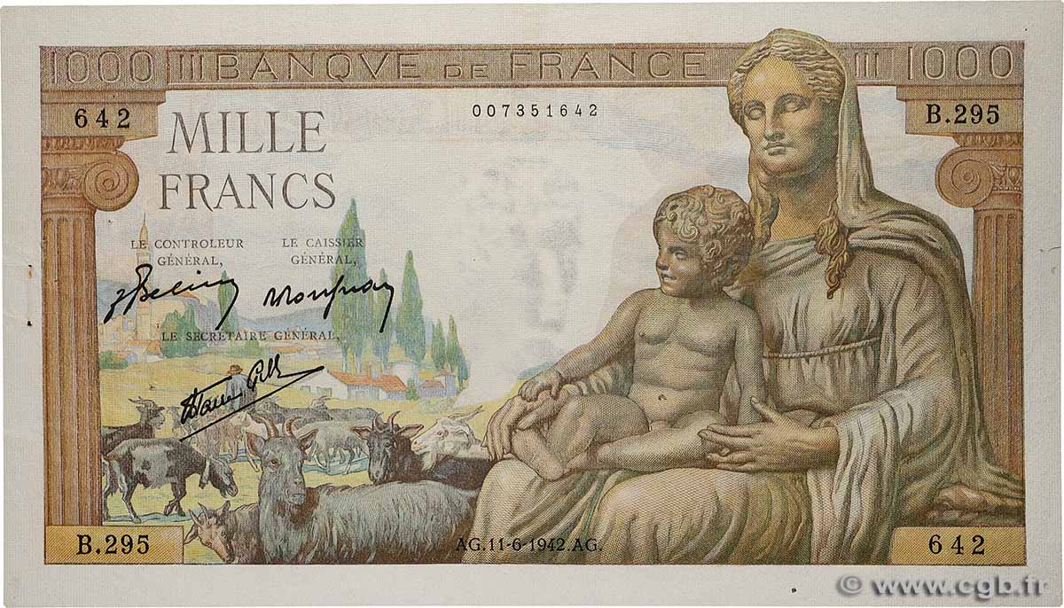 1000 Francs DÉESSE DÉMÉTER FRANCE 1942 F.40.02 VF