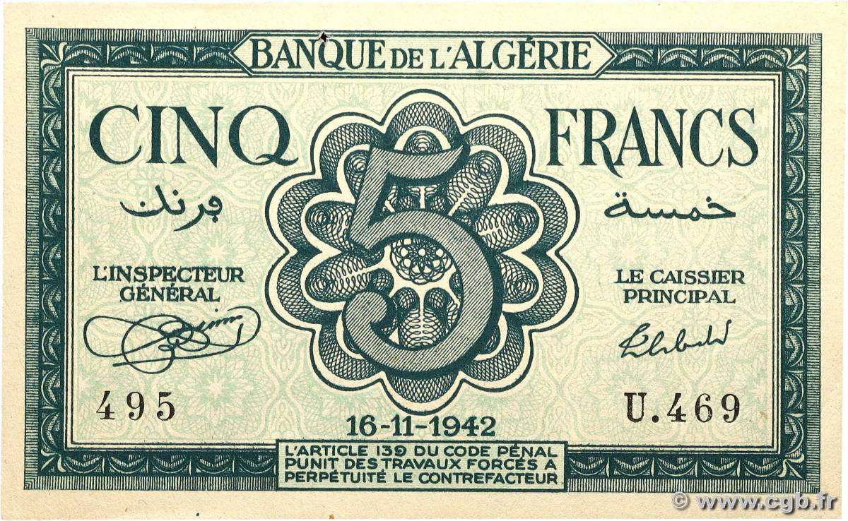 5 Francs ALGÉRIE 1942 P.091 SPL