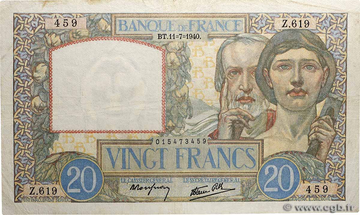 20 Francs TRAVAIL ET SCIENCE FRANCE 1940 F.12.04 TB