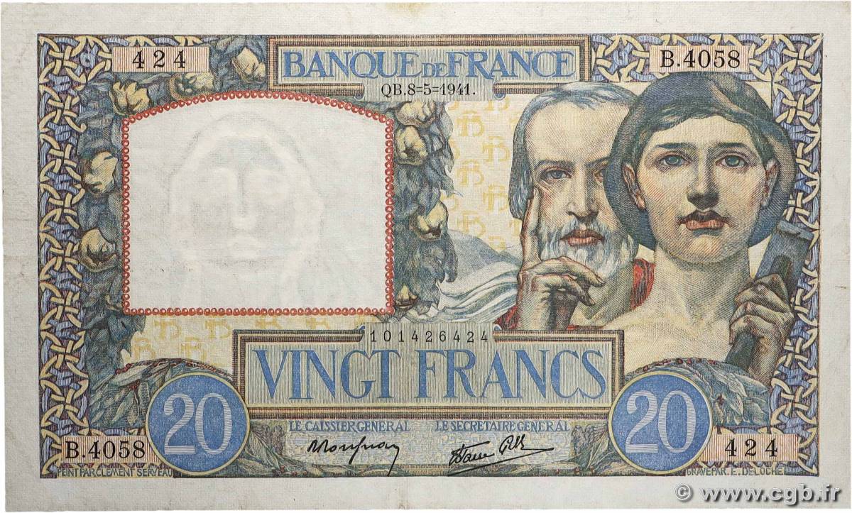 20 Francs TRAVAIL ET SCIENCE FRANCE 1941 F.12.14 TB