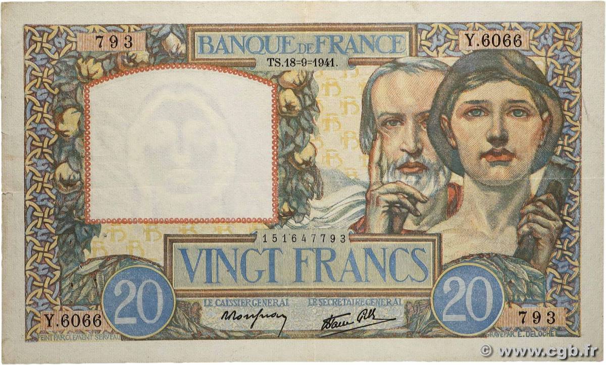 20 Francs TRAVAIL ET SCIENCE FRANCE 1941 F.12.18 TB