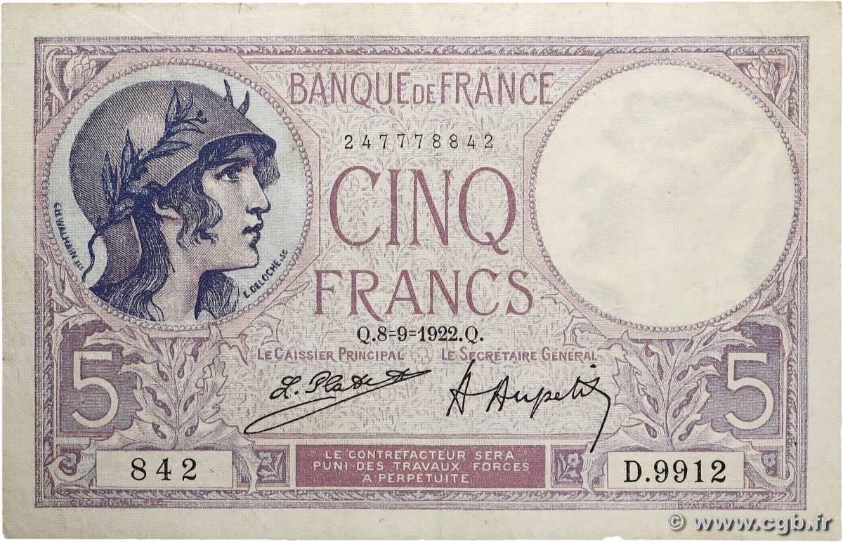 5 Francs FEMME CASQUÉE FRANCE 1922 F.03.06 TTB