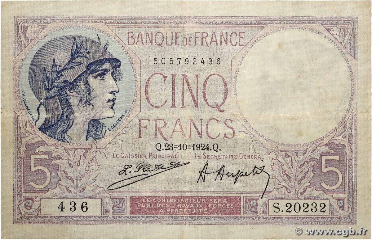 5 Francs FEMME CASQUÉE FRANCE 1924 F.03.08 TB+