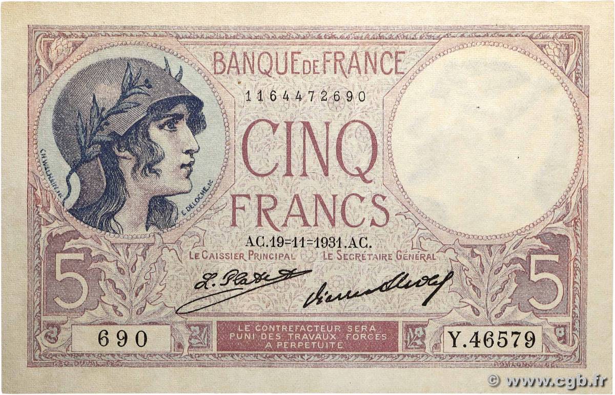 5 Francs FEMME CASQUÉE FRANCE 1931 F.03.15 pr.SPL