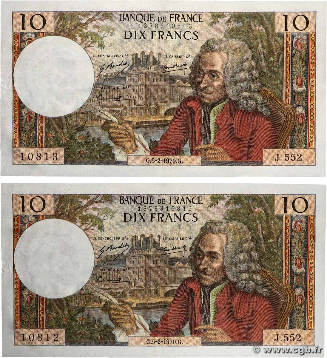10 Francs VOLTAIRE Consécutifs FRANCE 1970 F.62.42 SUP