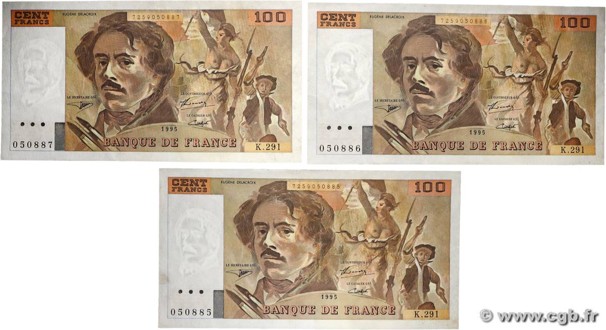 100 Francs DELACROIX 442-1 & 442-2 Consécutifs FRANCE 1995 F.69ter.02c TTB+