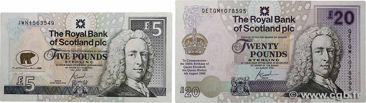 5 et 20 Pounds Lot SCOTLAND 2000 P.361 et P.365 UNC