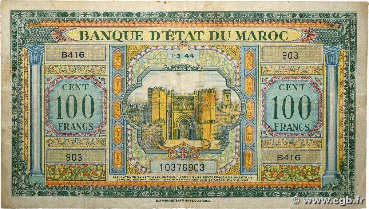 100 Francs MAROC 1944 P.27 pr.TTB