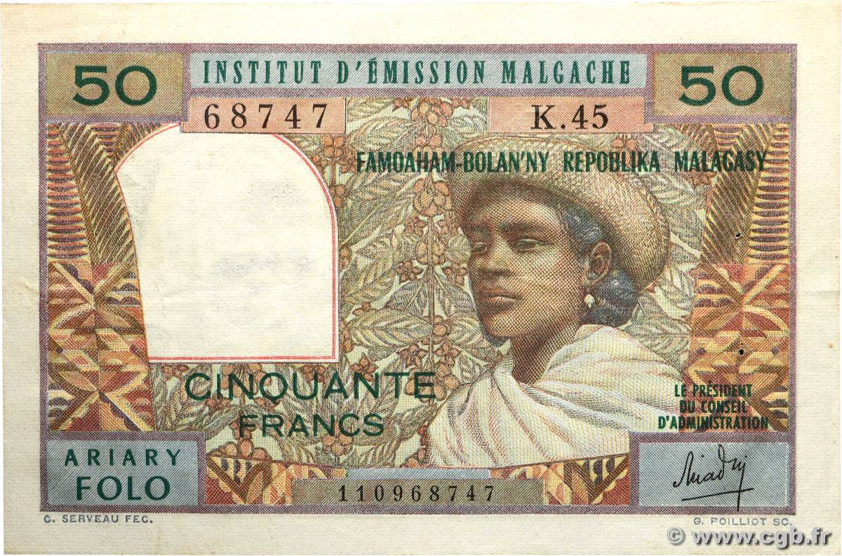 50 Francs - 10 Ariary MADAGASCAR 1969 P.061 VF