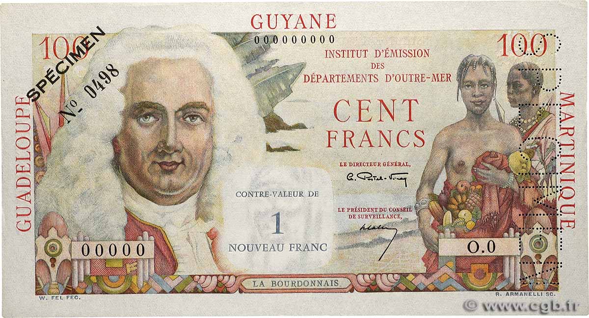 1 NF sur 100 Francs La Bourdonnais Spécimen FRENCH ANTILLES 1960 P.01s fST+