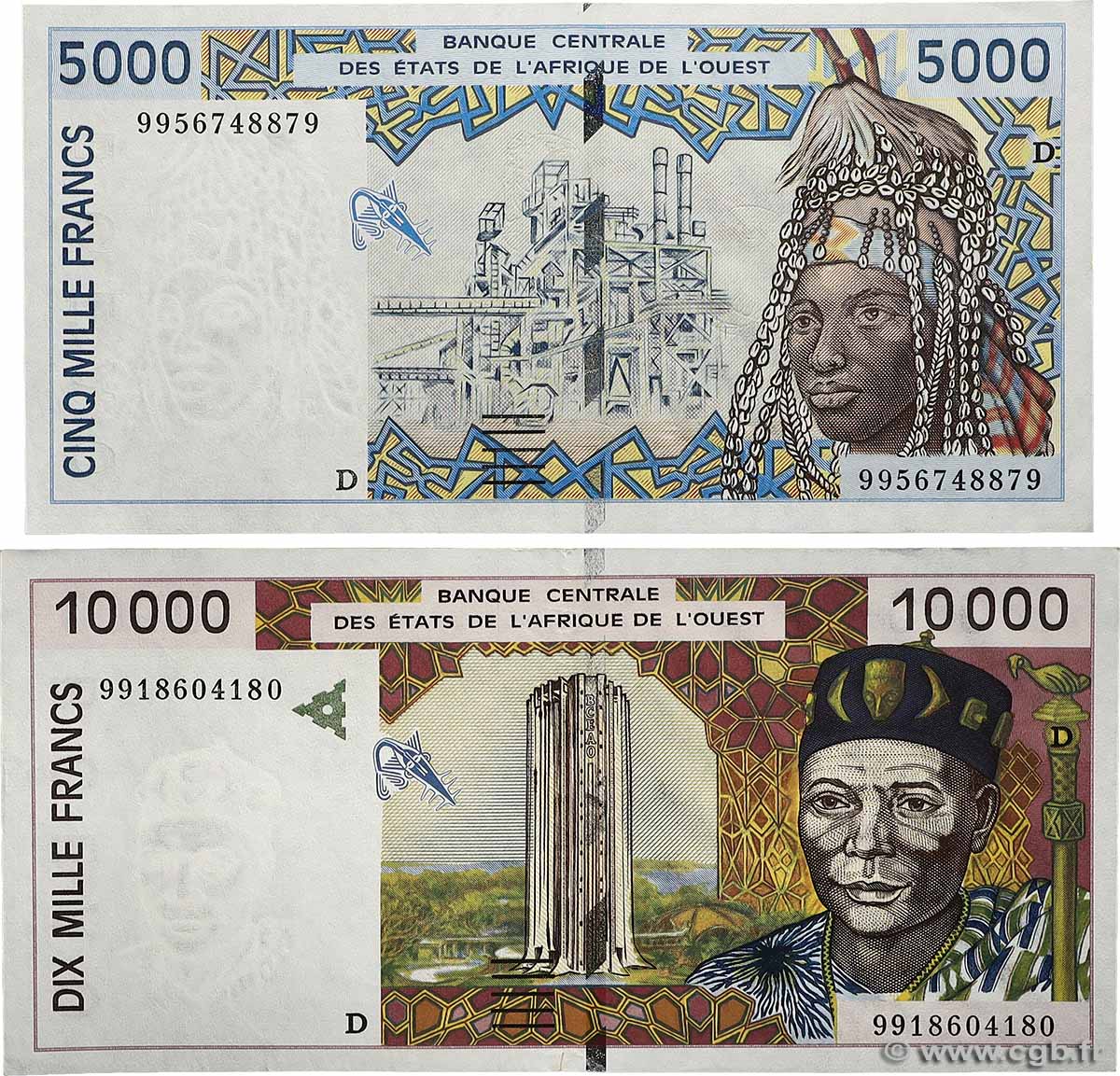 5000 et 10000 Francs Lot ÉTATS DE L AFRIQUE DE L OUEST 1999 P.413Dh et P.414Dh TTB+
