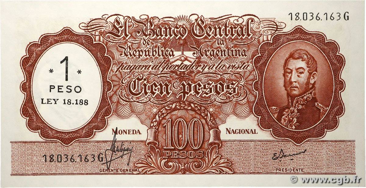 1 Peso sur 100 Pesos ARGENTINE 1969 P.282 NEUF