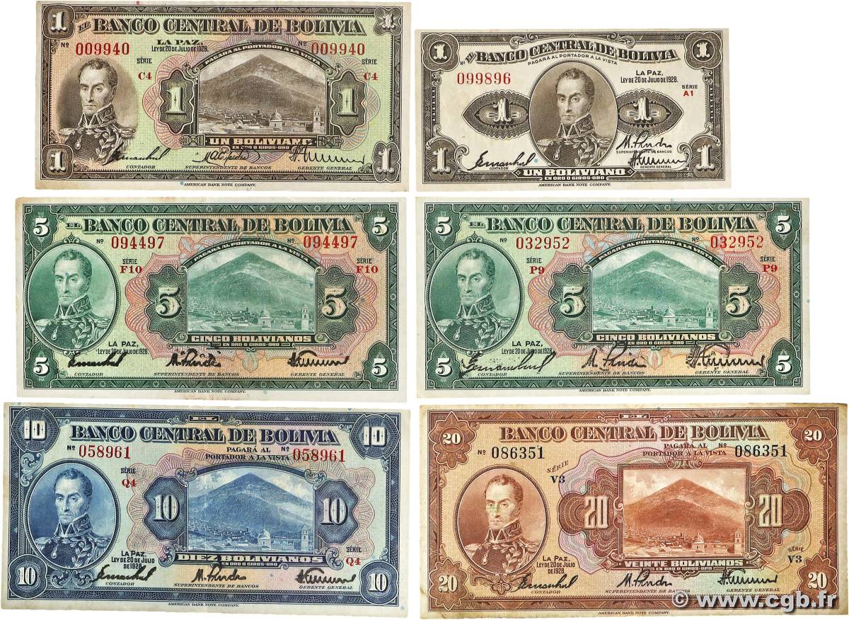 1 au 20 Bolivianos Lot BOLIVIE 1928 P.118a à P.122a TB à TTB