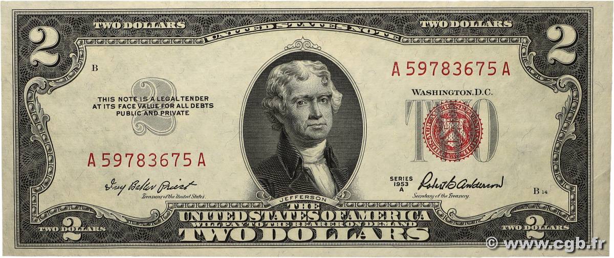 2 Dollars VEREINIGTE STAATEN VON AMERIKA 1953 P.380a VZ+