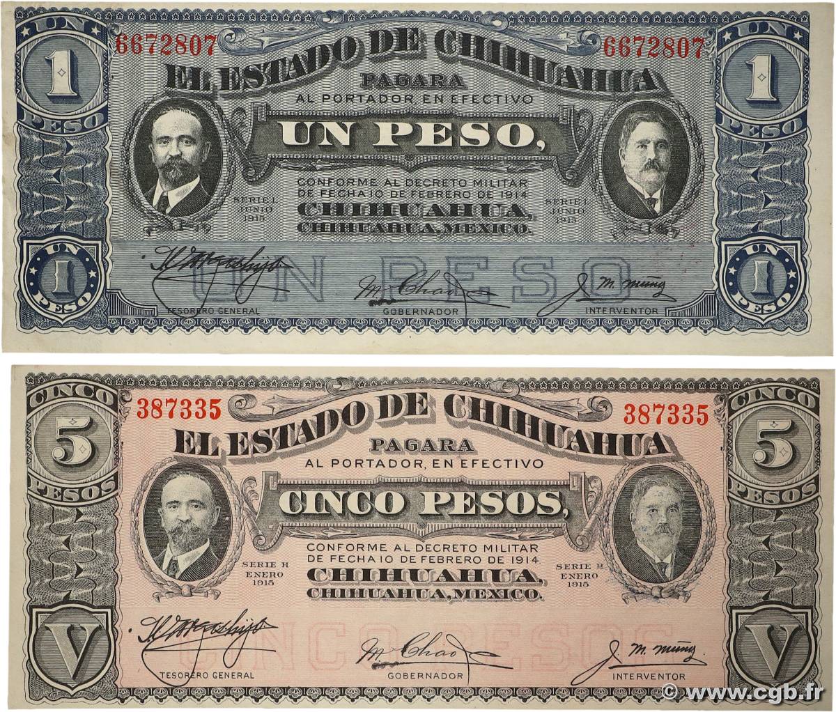 1 et 5 Pesos Lot MEXIQUE 1915 PS.0530b et PS.0532e SUP