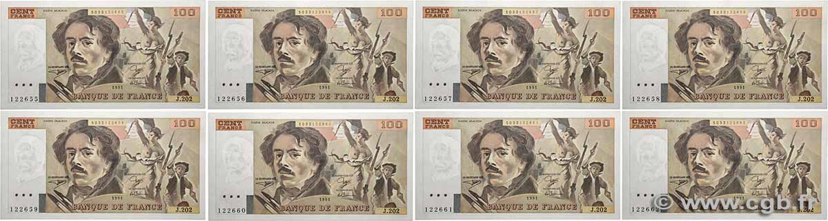 100 Francs DELACROIX imprimé en continu Consécutifs FRANCE 1991 F.69bis.03c1 SPL
