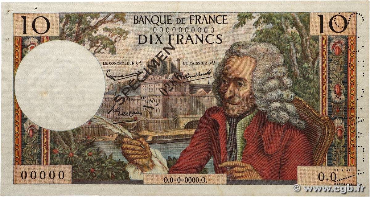 10 Francs VOLTAIRE Spécimen FRANKREICH 1963 F.62.01Spn fST