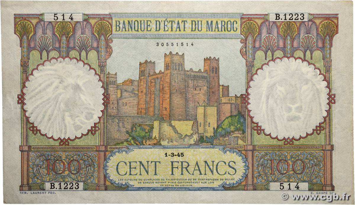 100 Francs MAROC 1945 P.20 TTB+