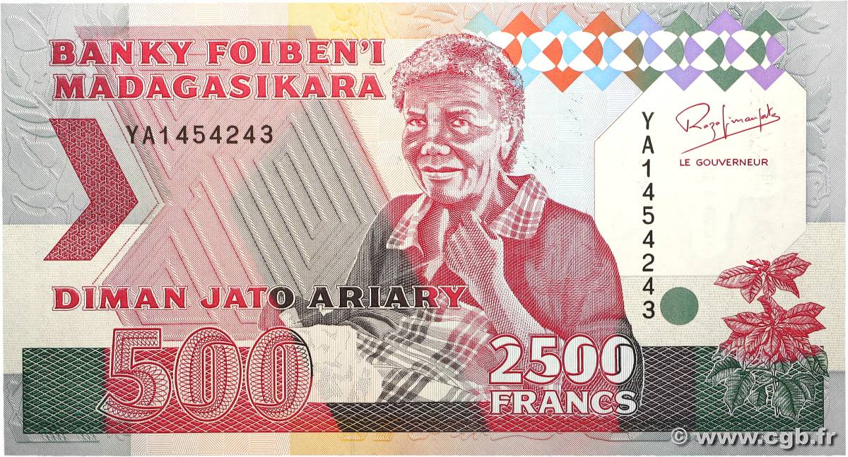 2500 Francs - 500 Ariary MADAGASCAR 1993 P.072Aa NEUF
