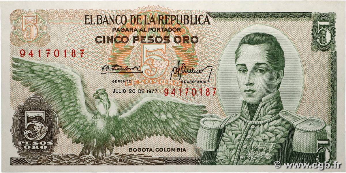 5 Pesos Oro COLOMBIE 1977 P.406e pr.NEUF