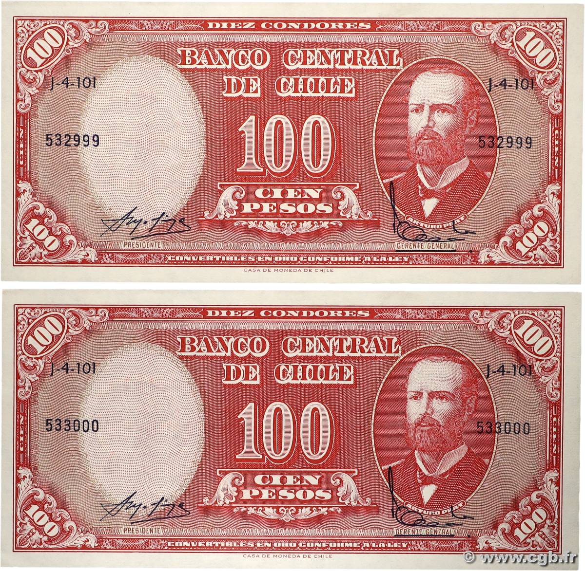 10 Centesimos sur 100 Pesos Lot CHILI 1960 P.127a pr.NEUF