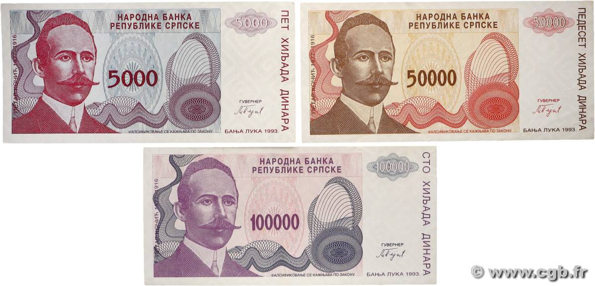5000 à 100000 Dinara Lot BOSNIE HERZÉGOVINE 1993 P.152a, P.153a et P.154a SUP