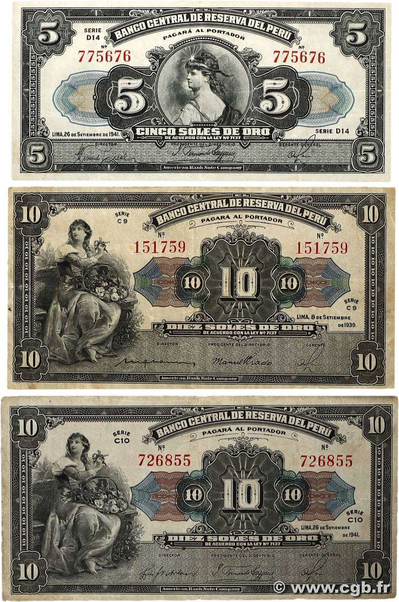 5 et 10 Soles Lot PÉROU 1941 P.66Aa, p.067a et P.067Aa TB