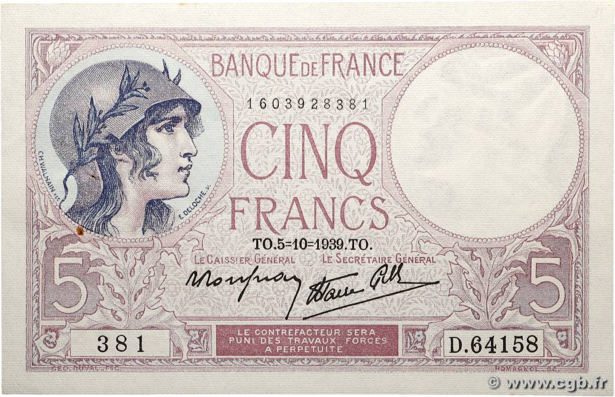 5 Francs FEMME CASQUÉE modifié FRANCE 1939 F.04.11 SPL