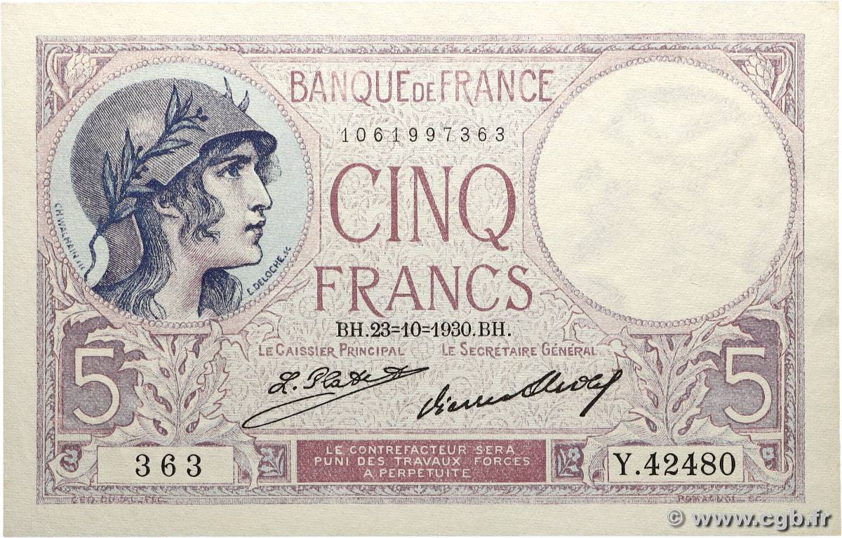 5 Francs FEMME CASQUÉE FRANCE 1930 F.03.14a UNC-