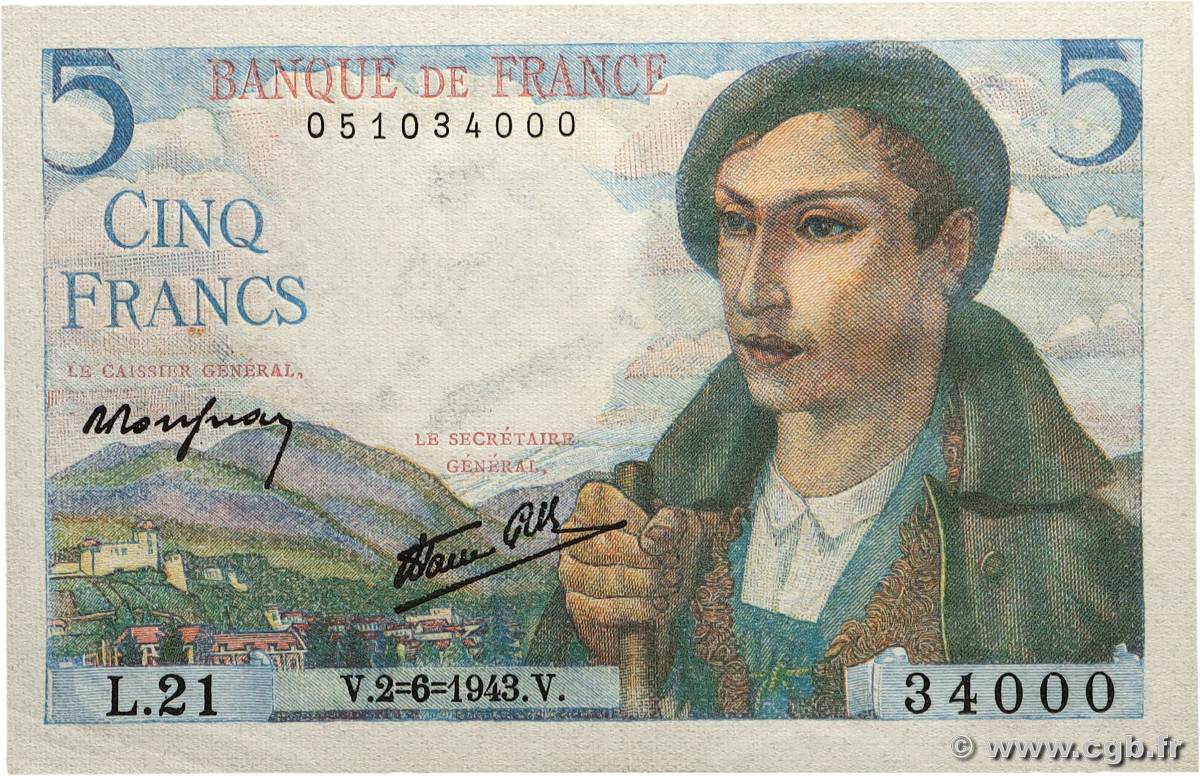 5 Francs BERGER FRANCE 1943 F.05.01 SPL