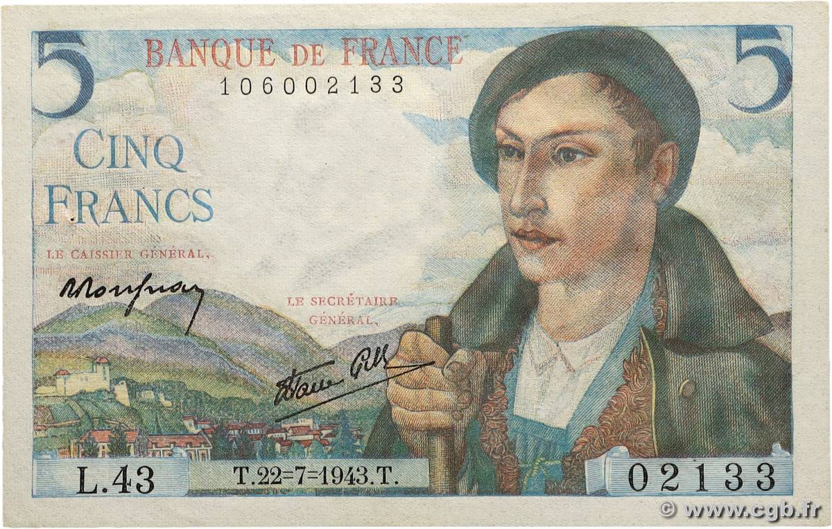 5 Francs BERGER FRANCE 1943 F.05.02 SPL