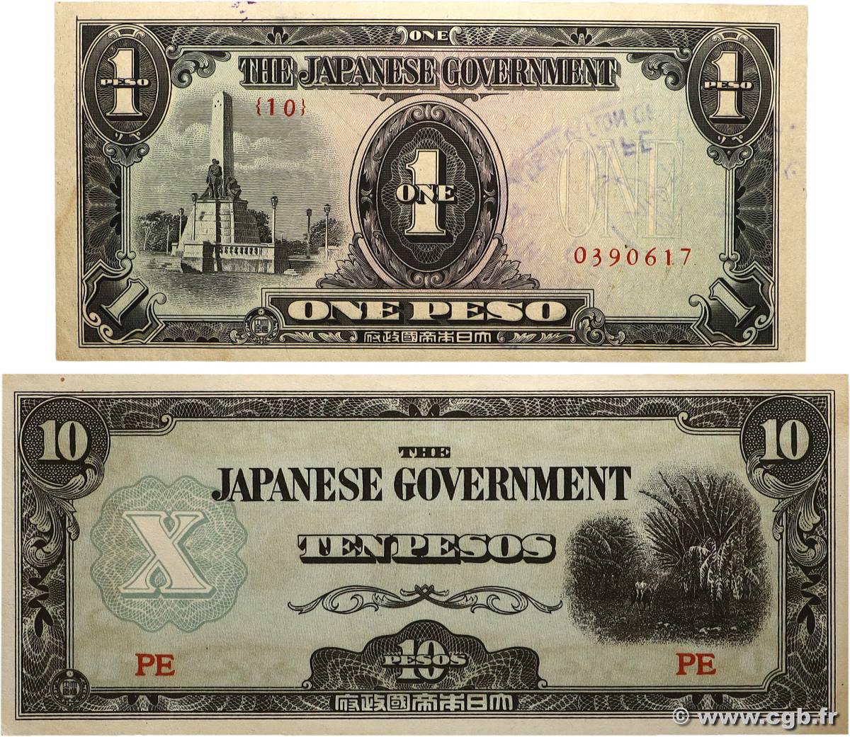 1 et 10 Pesos Lot PHILIPPINES 1942 P.108a et P.109a SPL