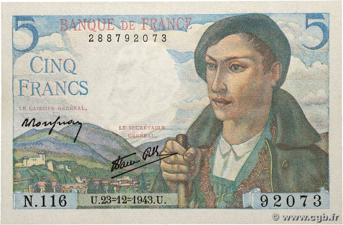 5 Francs BERGER FRANCE 1943 F.05.05 NEUF