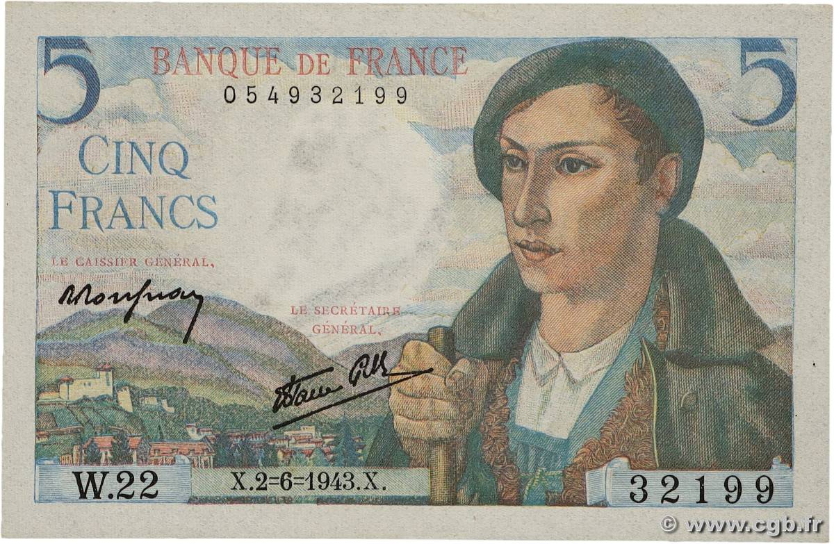 5 Francs BERGER FRANCE 1943 F.05.01 NEUF