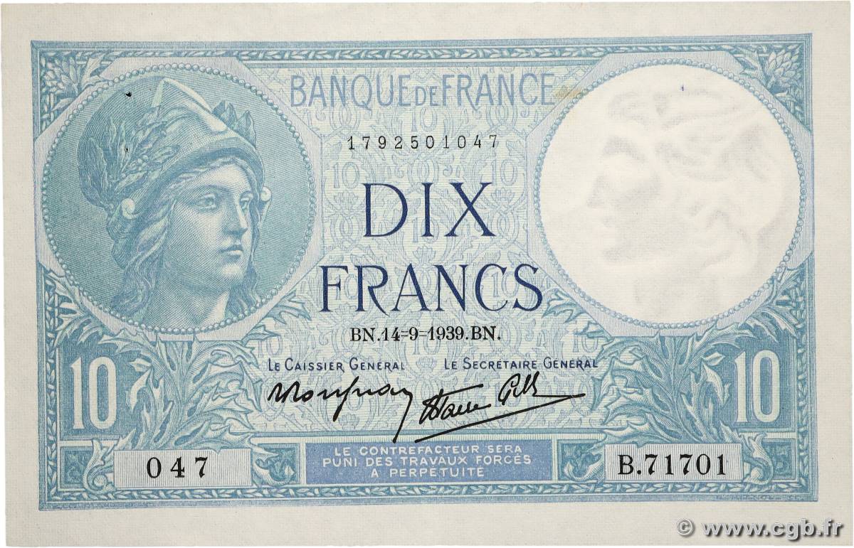 10 Francs MINERVE modifié FRANCE 1939 F.07.07 SUP