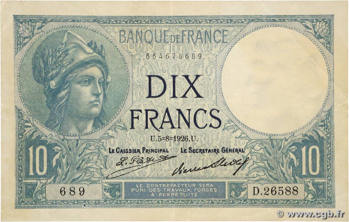 10 Francs MINERVE FRANCE 1926 F.06.11a TTB+